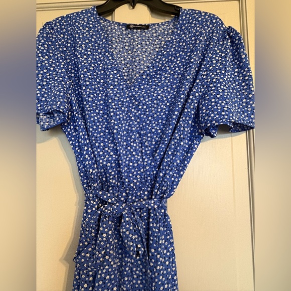 PrettyGarden Blue Floral Midi Dress Size L V-Neck Tie Waist - Picture 3 of 5